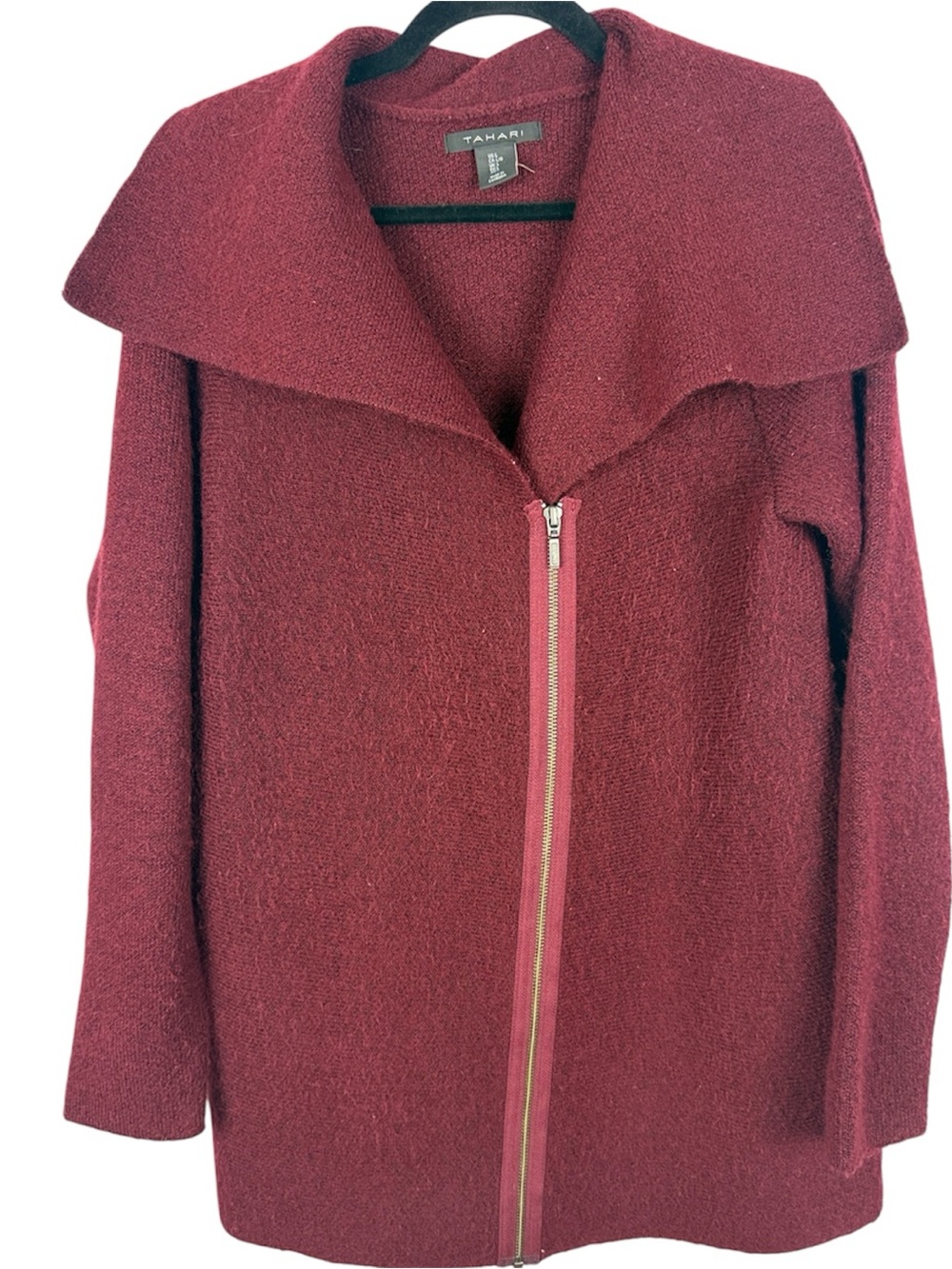 Tahari Asymmetric Zip Wool Blend Cardigan Coat Sweater Burgundy Red L